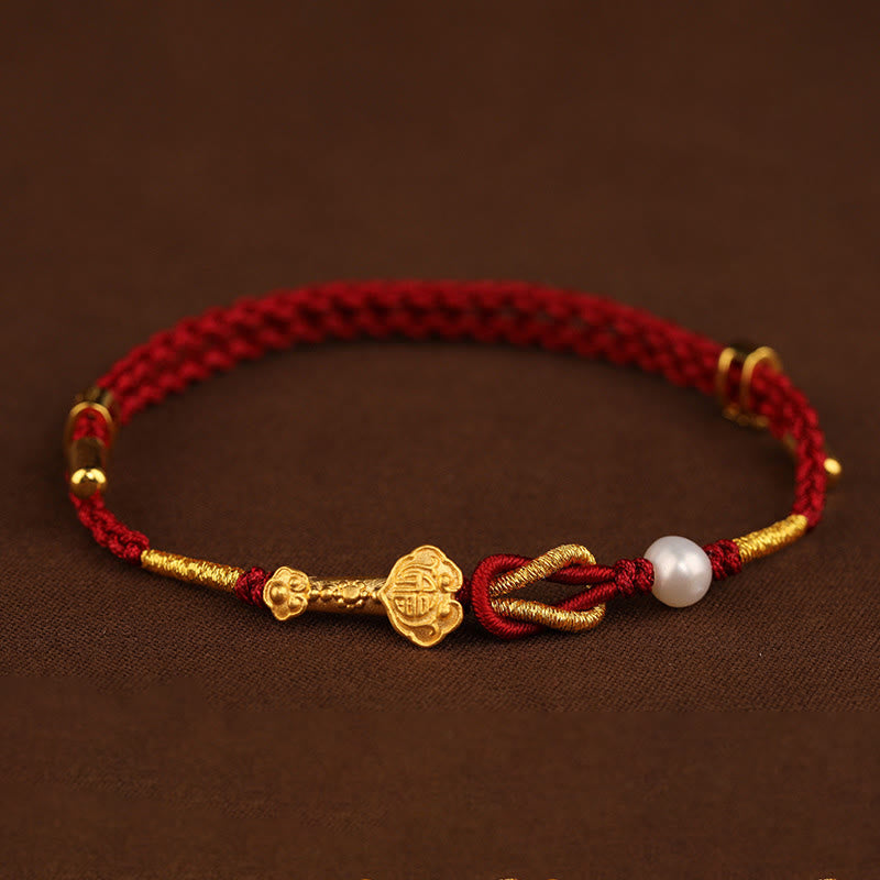 Pulsera trenzada de la suerte con perlas de conejo y mango de Ruyi del deseo de oro de 24 quilates con Buddha Stones