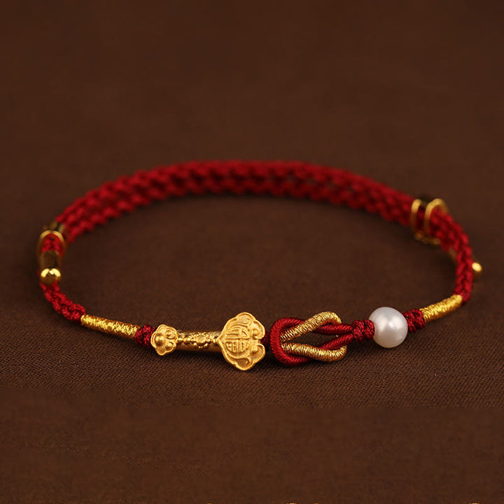 Pulsera trenzada de la suerte con perlas de conejo y mango de Ruyi del deseo de oro de 24 quilates con Buddha Stones