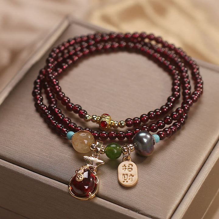 Buddha Stones de múltiples capas, granate Natural, Jade, moneda, bolsa de dinero, pulsera de protección de riqueza