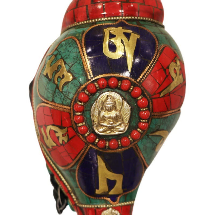 Concha tibetana hecha a mano Shankha Om Mani Padme Hum Buda, decoración de la suerte