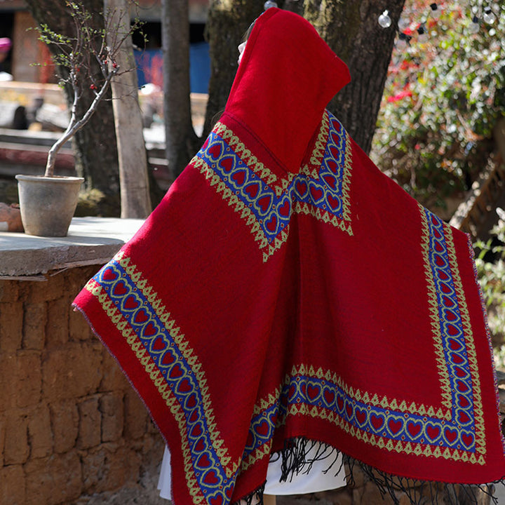 Mantón tibetano de Buddha Stones , capa con capucha y borla de corazón de amor rojo, bufanda de viaje acogedora para invierno