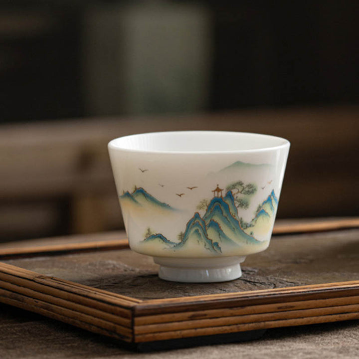 Taza de té de cerámica con Buddha Stones, flor de loto, hoja, montaña, pabellón, alce, peonía, taza de té de Kung Fu