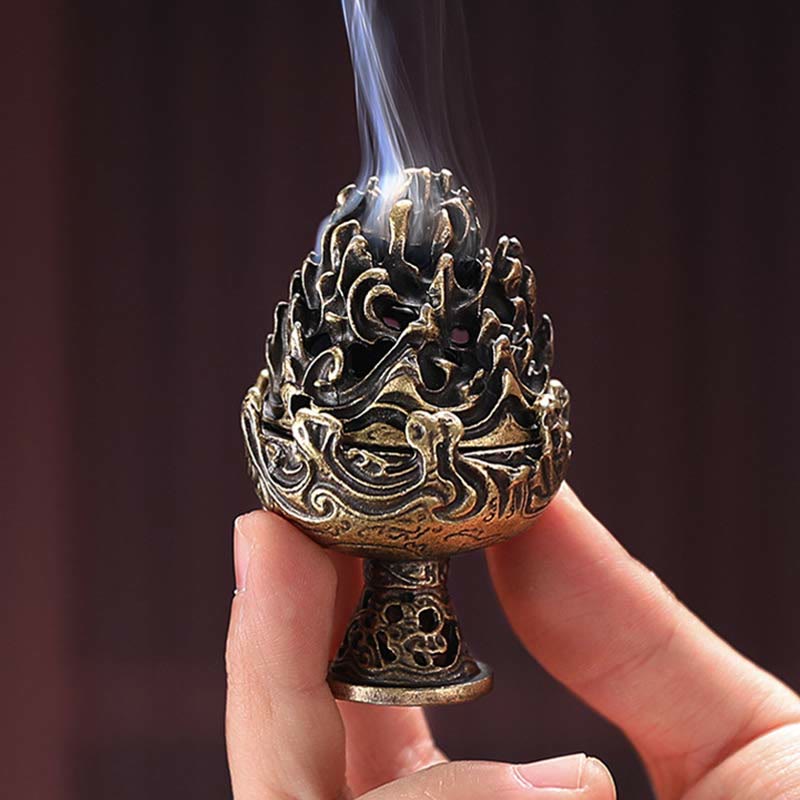 Quemador de incienso tibetano de aleación de cobre para meditación con patrón de montaña Mini