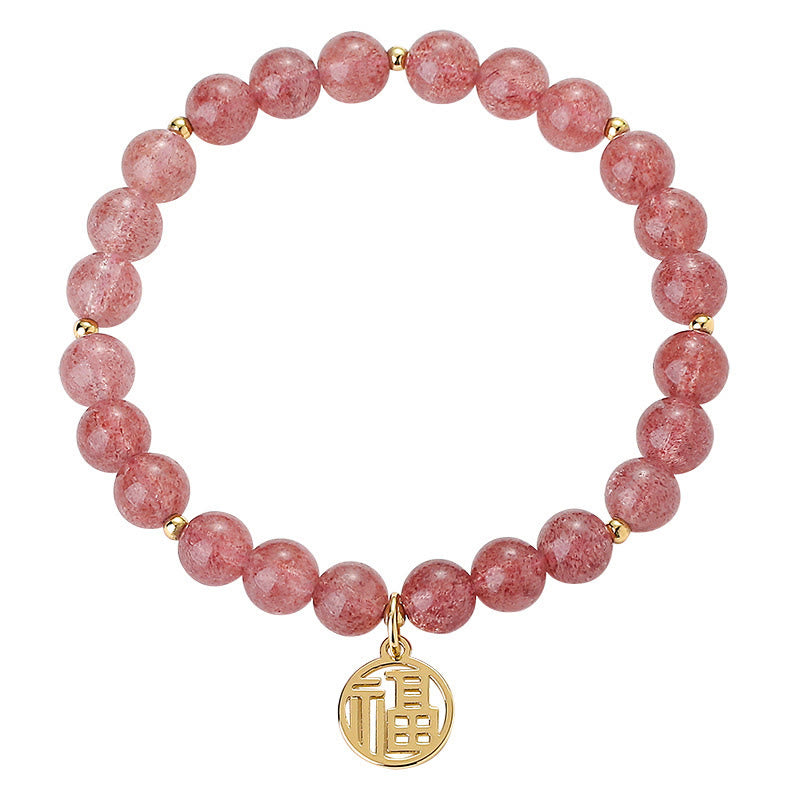 Pulsera con dije curativo de personaje Fu de cuarzo fresa chapado en oro de 14 quilates con Buddha Stones