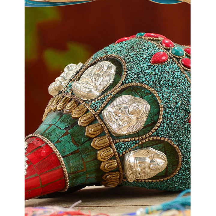Tibetano hecho a mano Shankha Om Mani Padme Hum Buda Avalokitesvara turquesa Concha decoración positiva - image 7