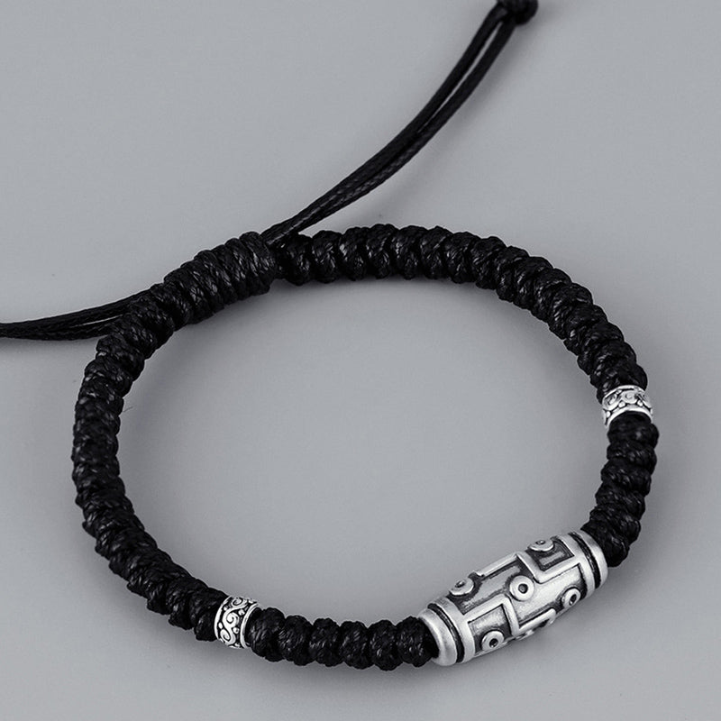 Pulsera de cuerda de bendición con patrón de cuentas Dzi de nueve ojos de plata de ley 999 con Buddha Stones
