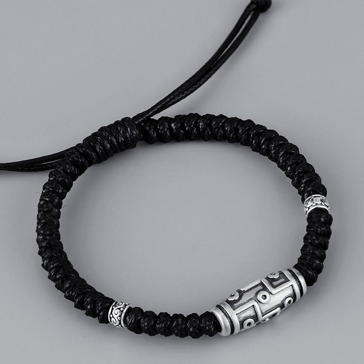 Pulsera de cuerda de bendición con patrón de cuentas Dzi de nueve ojos de plata de ley 999 con Buddha Stones
