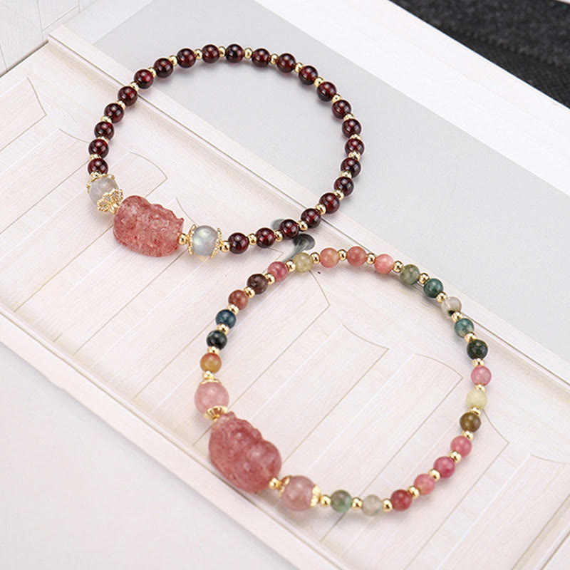 Pulsera de protección de piedra lunar PiXiu de cuarzo fresa granate turmalina natural de Buddha Stones