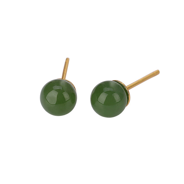 Pendientes de tuerca de plata de ley 925 con Buddha Stones , redondos, jade cian curativo y tranquilo
