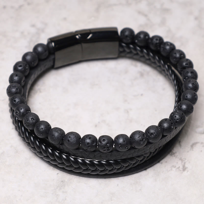 Pulsera de cuero con cuentas de ónix negro y roca de lava natural con Buddha Stones