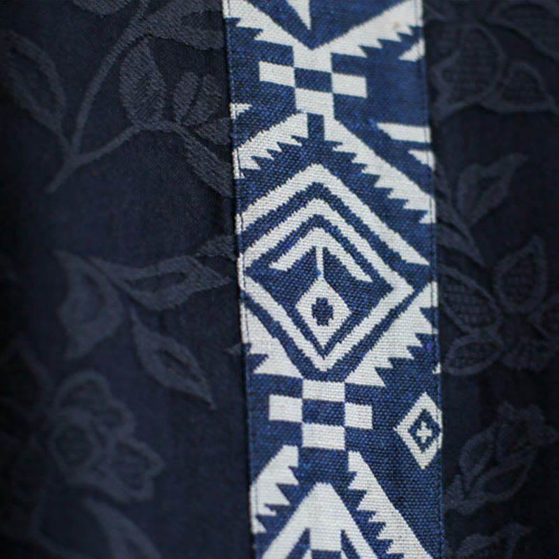 Vestido midi de jacquard con bordado de flores azules y Buddha Stones Vestido de algodón con manga tres cuartos y bolsillos