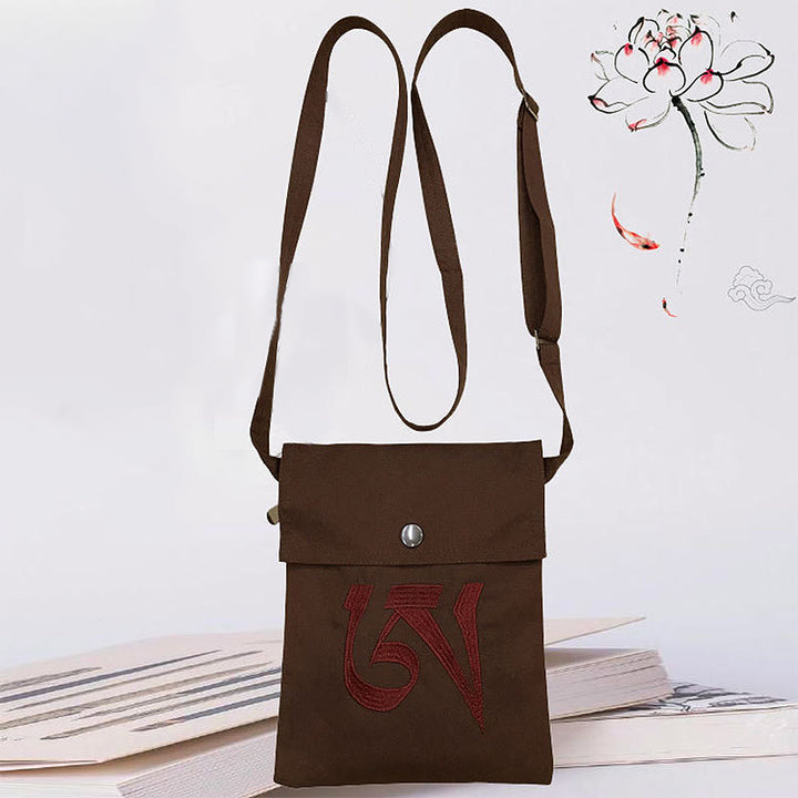 Hecho a mano OM Mantra bordado espiritual mente práctica algodón crossbody bolso hombro bolso teléfono celular