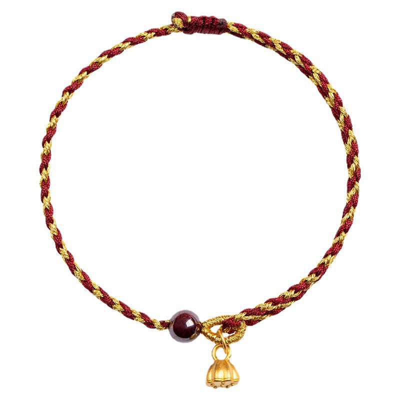 Pulsera trenzada con dije de paz y alegría de loto de cuerda de oro rojo hecha a mano con Buddha Stones