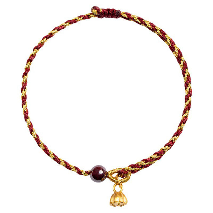 Pulsera trenzada con dije de paz y alegría de loto de cuerda de oro rojo hecha a mano con Buddha Stones