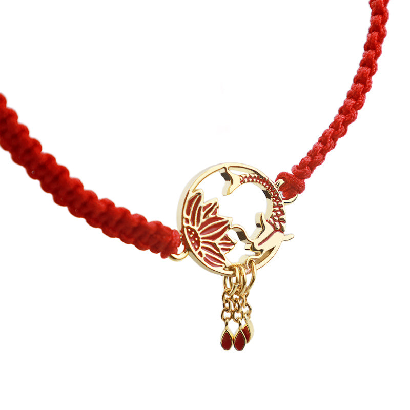 Pulsera de hilo rojo de la suerte con pez Koi de loto hecho a mano tibetano con Buddha Stones