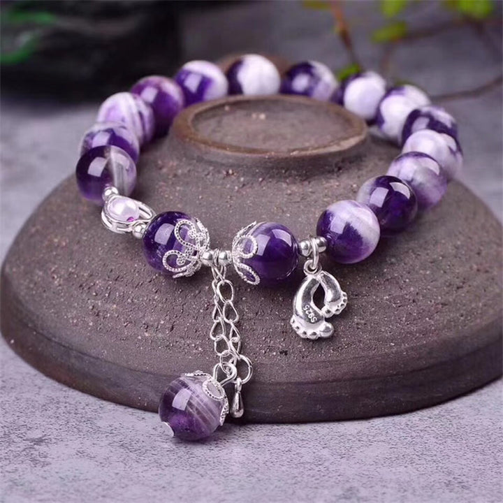 Pulsera con dije de corazón de amor para pies curativos con amatista natural de plata de ley 925 con Buddha Stones