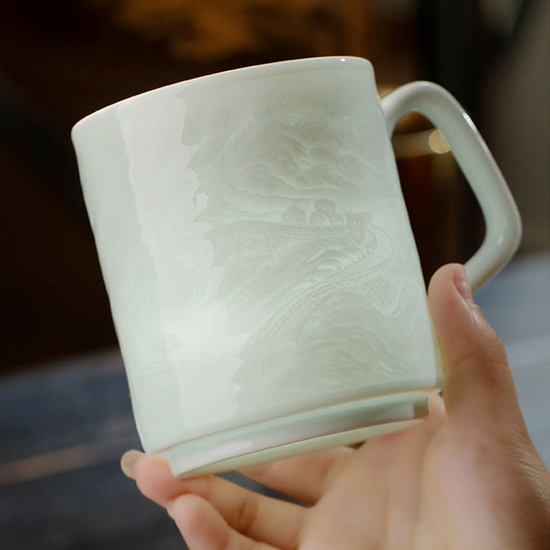 Buddha Stones Jingdezhen, porcelana blanca hecha a mano, gran pared, paisaje, taza de té de cerámica grabada, taza de oficina, tazas de té