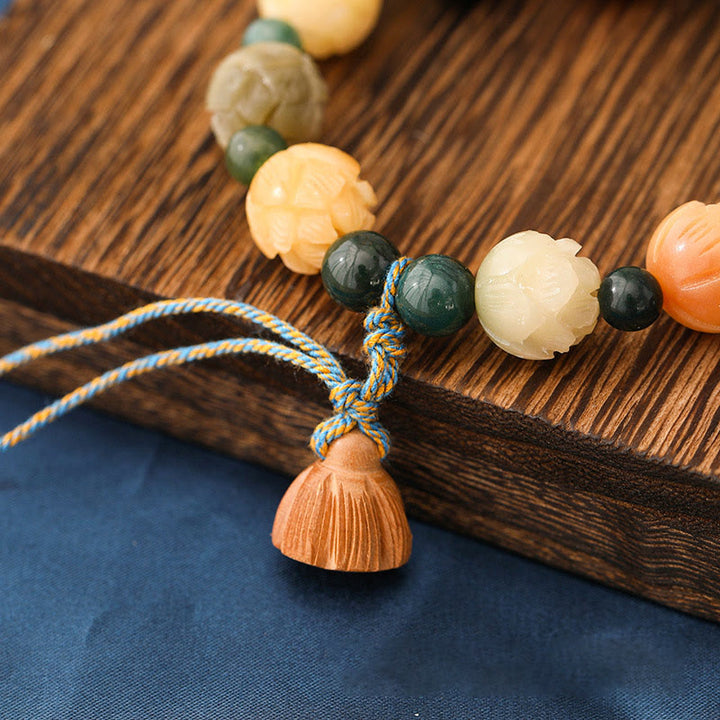 Pulsera de paz y calma con Buddha Stones , semilla de Bodhi, cuentas de loto grabadas, ágata de musgo
