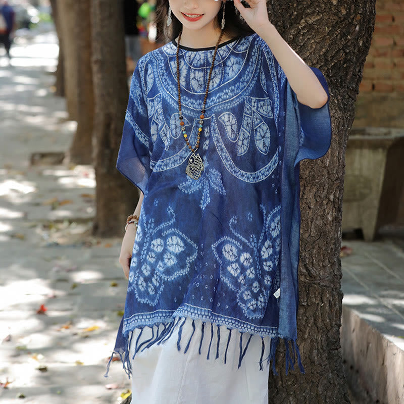Jersey de viaje acogedor con borlas y chal teñido añil de mariposa azul con Buddha Stones 90*95cm