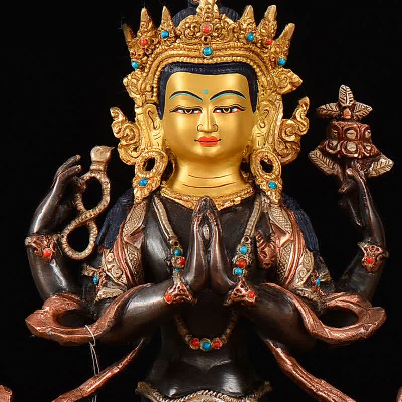 Decoración de estatua de cobre de protección Avalokitesvara de cuatro brazos Bodhisattva Chenrezig