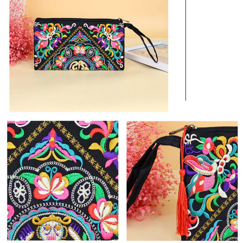 Cartera de compras con bordado de flores de Buddha Stones, dragón, mariposa, cosmos