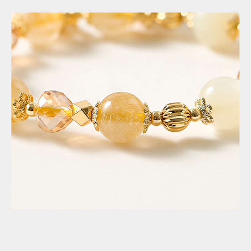 Pulsera con amuleto de la fortuna de la suerte, campana de la riqueza, cuarzo rutilado dorado, chapado en oro de 14 quilates con Buddha Stones