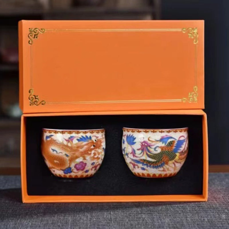 Tazas de té de cerámica de Kung Fu con Buddha Stones , 2 uds., Dragón Fénix