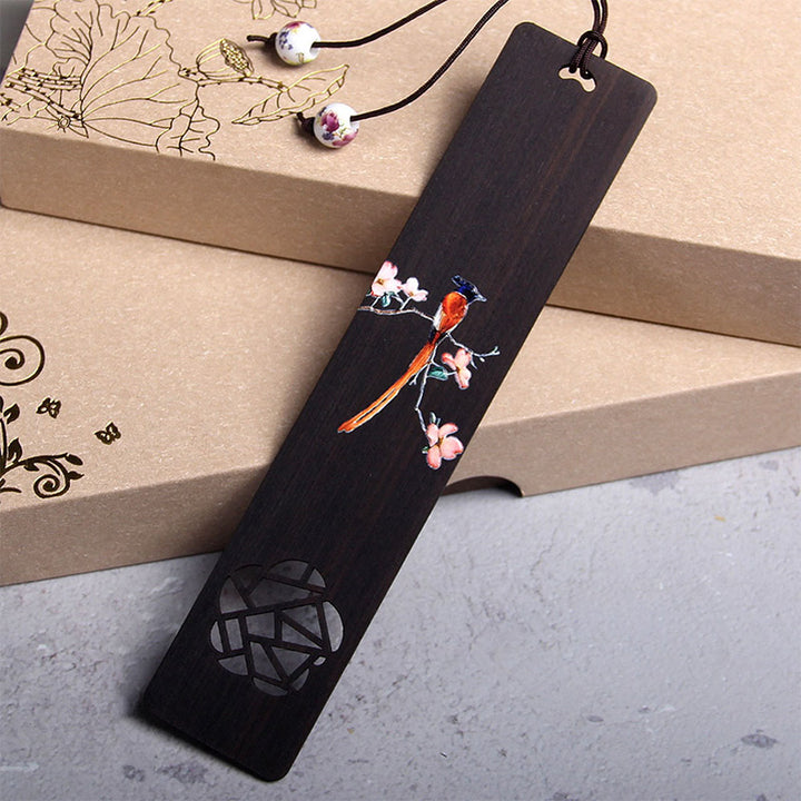 Marcapáginas de madera de ébano con diseño de flor de pájaro Oriole de Buddha Stones con caja de regalo