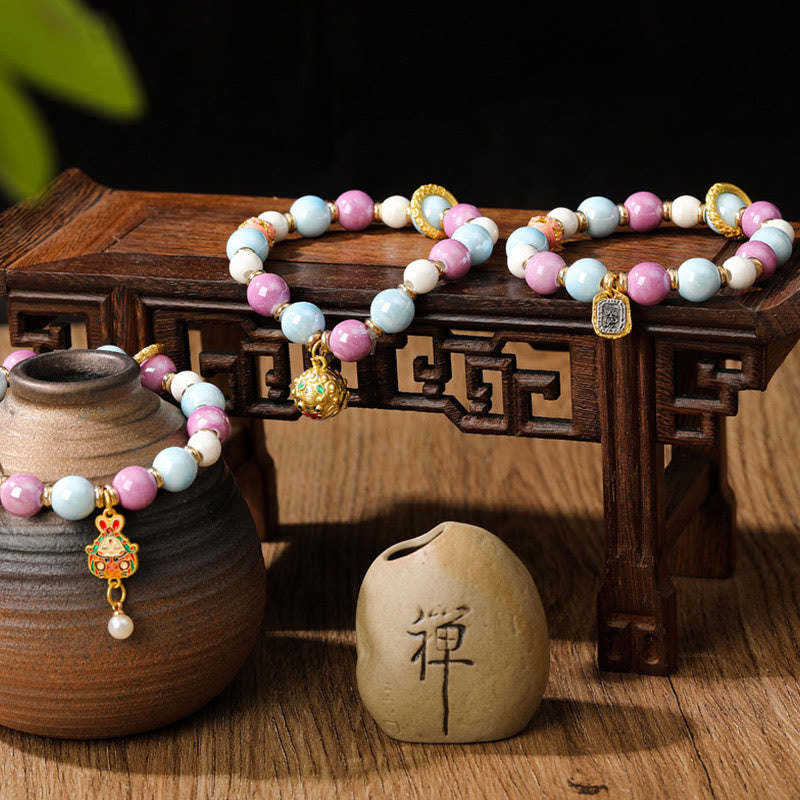 Buddha Stones tibetano Zakiram diosa de la riqueza conejo cabeza de león encanto Liuli vidrio incienso ceniza porcelana cuentas pulsera de protección