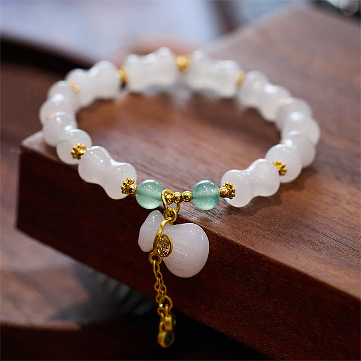 Buddha Stones Natural blanco dorado seda Jade bambú patrón riqueza suerte bolsa Fu personaje pulsera