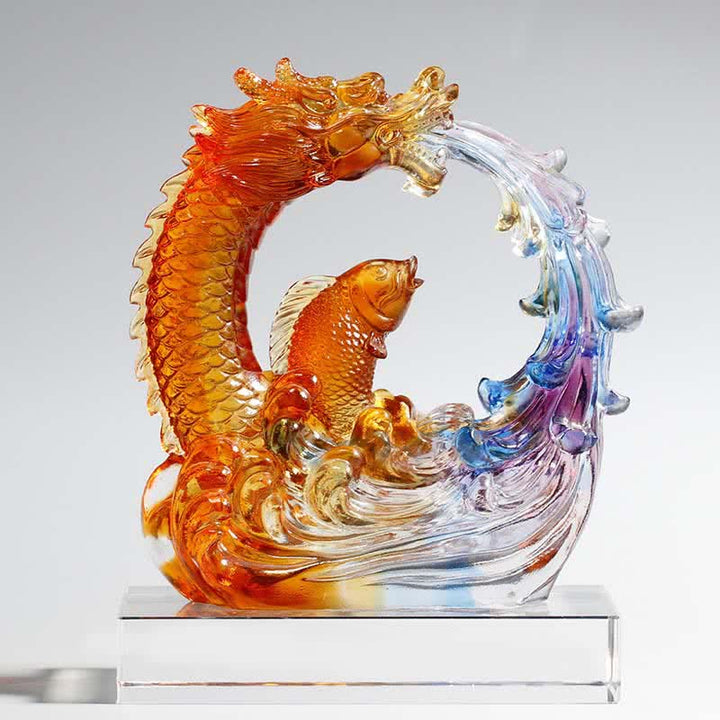 Buddha Stones Feng Shui Dragón Koi Pez hecho a mano Liuli Crystal Art Piece Decoración de la Oficina del Hogar