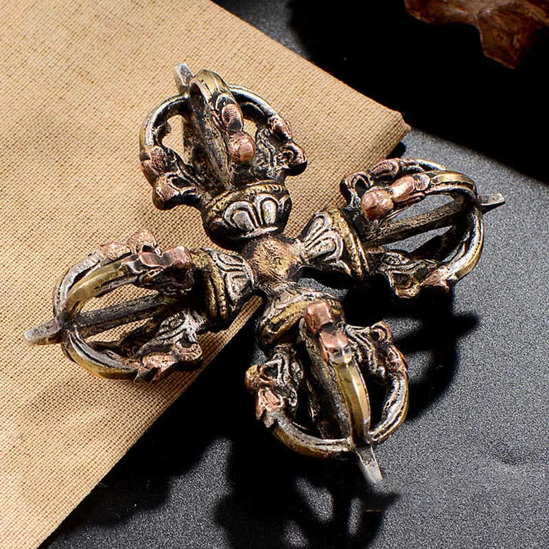 Tibetano hecho a mano 5 puntas doble Dorje cobre hierro Thunderbolt fuerza Vajra