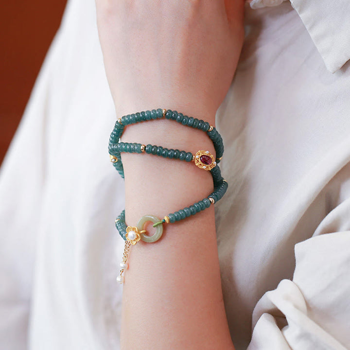 Pulsera de triple vuelta con hebilla de paz y flor de jade cian chapada en oro de plata de ley 925 con Buddha Stones