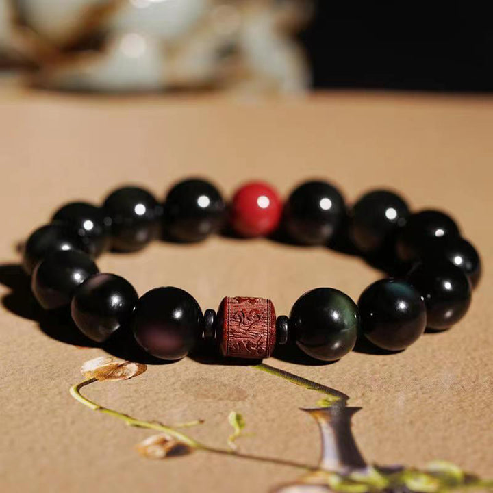 Pulsera curativa con carácter de obsidiana arcoíris de obsidiana con brillo de oro natural con Buddha Stones Om Mani Padme Hum Fu