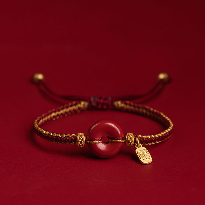 Pulsera trenzada de bendición con dije de personaje Fu con hebilla de paz y cinabrio natural con Buddha Stones
