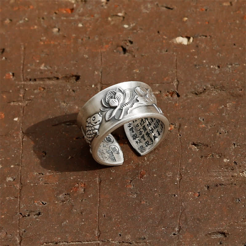 Anillo de plata de ley 999 con diseño de corazón de loto y pez koi de la suerte