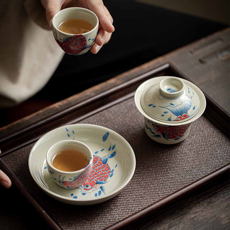 Buddha Stones Koi Arowana cerámica Gaiwan Sancai taza de té Kung Fu con tapa 130ml