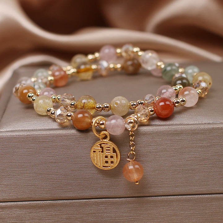 Pulsera auspiciosa con carácter Fu de cuarzo rutilado multicolor con Buddha Stones