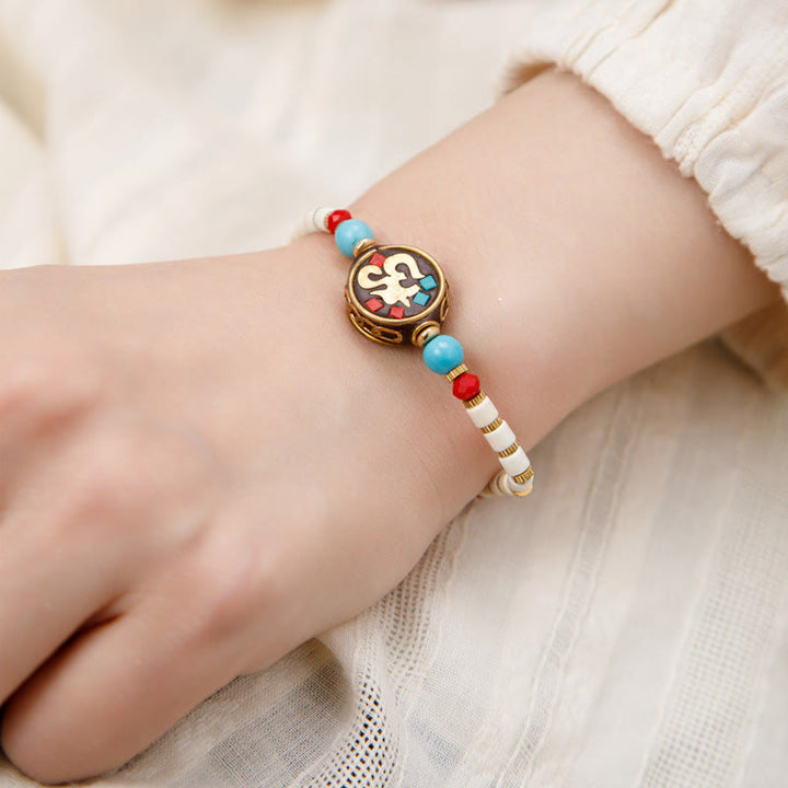 Pulsera de fuerza de protección Om Mani Padme Hum de turquesa tibetana con Buddha Stones