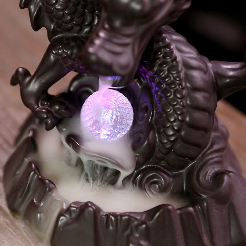 Quemador de incienso curativo para meditación, fuente de humo de reflujo de cerámica de dragón auspicioso, decoración de bola Led