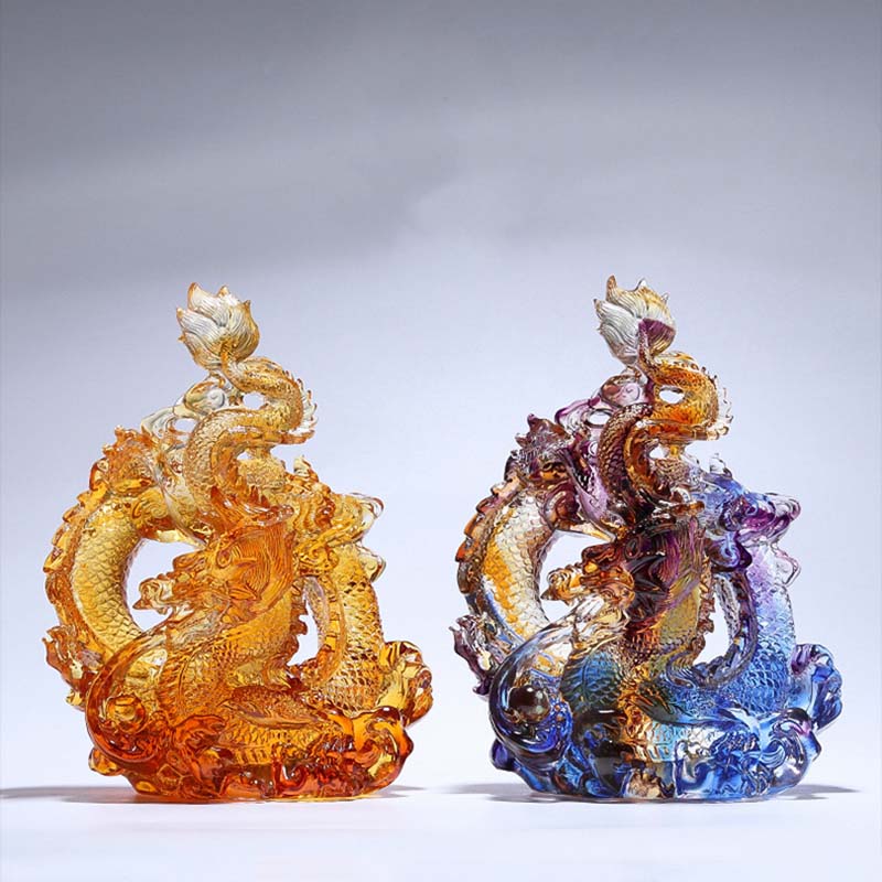 Buddha Stones Año del Dragón hecho a mano Liuli pieza de arte con cristal protección decoración de la Oficina del hogar con Base