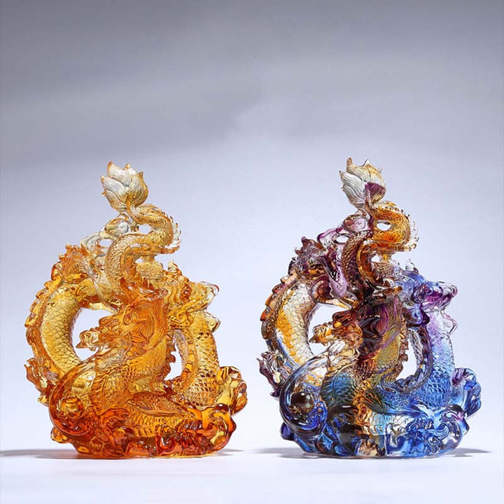 Buddha Stones Año del Dragón hecho a mano Liuli pieza de arte con cristal protección decoración de la Oficina del hogar con Base