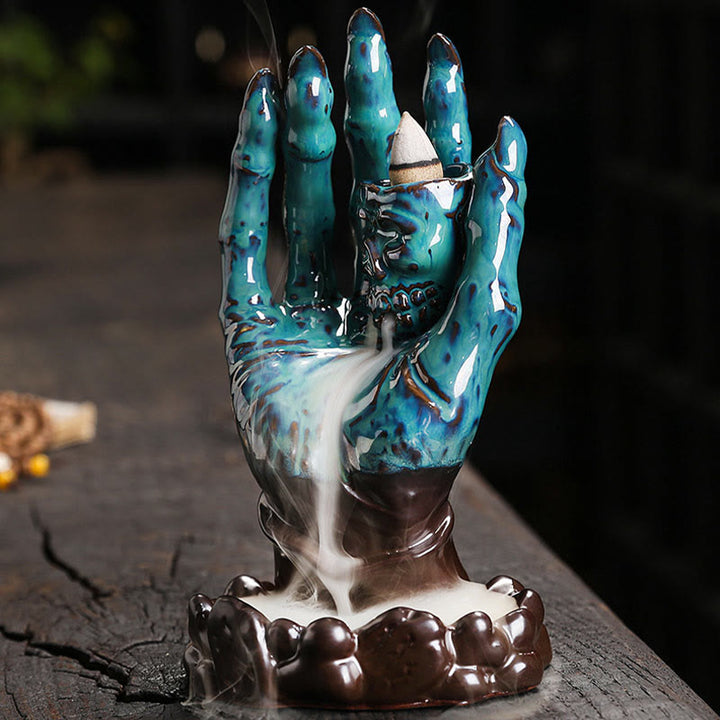 Quemador de incienso curativo de cerámica con cabeza de calavera y mano fantasma de Halloween , Buddha Stones, decoración