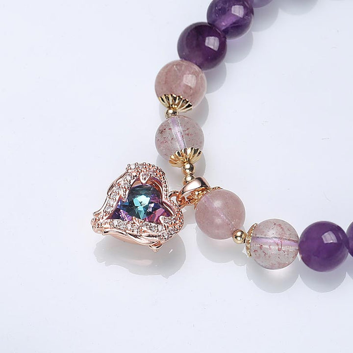 Pulsera de la fortuna de cristal de cuarzo fresa y amatista natural
