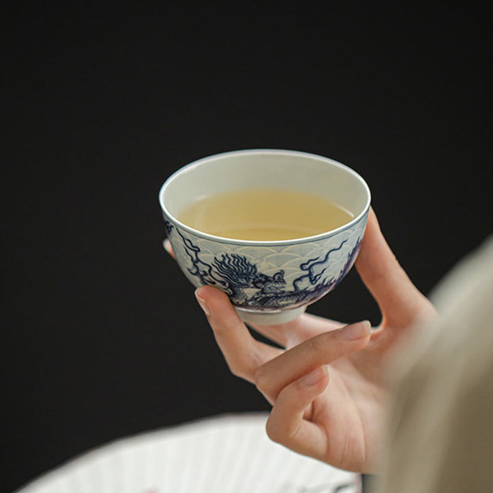 Tazas de té de cerámica con diseño de dragón azul y Buddha Stones, tazas de té de Kung Fu