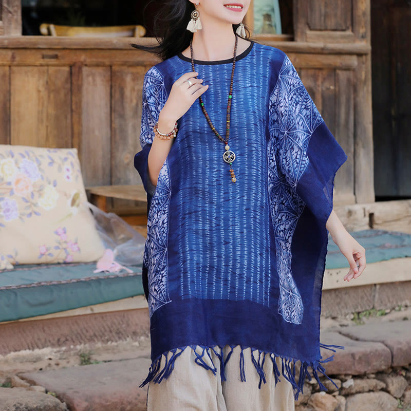 Jersey de viaje acogedor con borlas y chal Batik de rayas geométricas azules con Buddha Stones 90*95cm