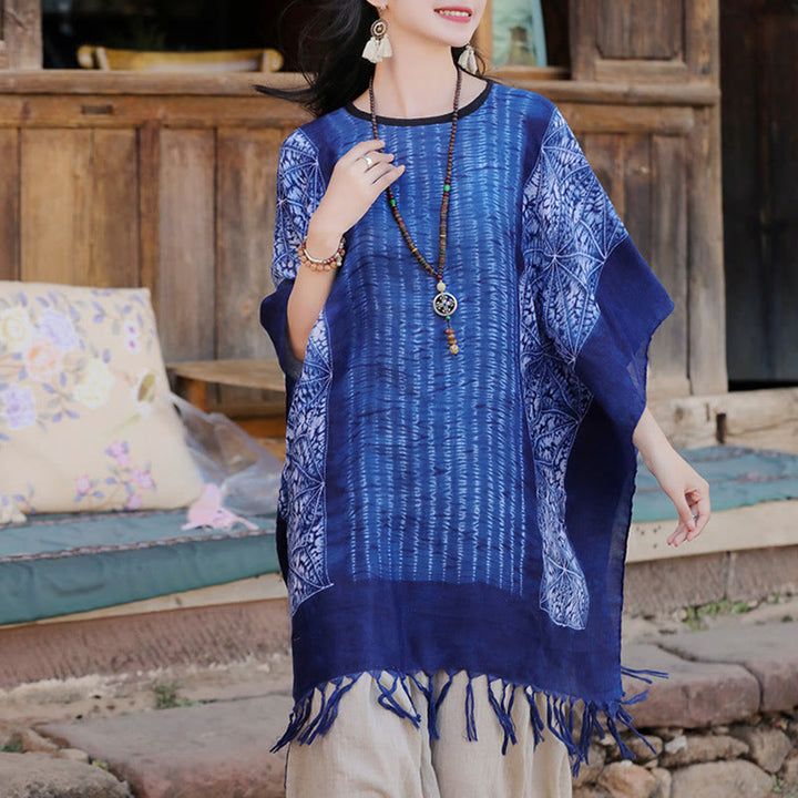 Jersey de viaje acogedor con borlas y chal Batik de rayas geométricas azules con Buddha Stones 90*95cm