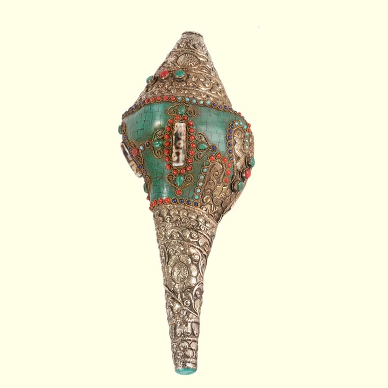 Tibetano hecho a mano grabado Shankha doble Dorje Buda Concha riqueza decoración positiva