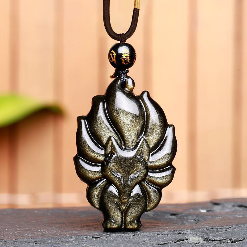 Buddha Stones, obsidiana arcoíris Natural, brillo dorado, obsidiana, zorro de nueve colas, colgante positivo