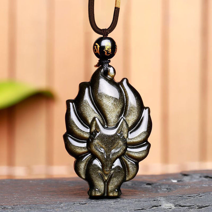 Buddha Stones, obsidiana arcoíris Natural, brillo dorado, obsidiana, zorro de nueve colas, colgante positivo